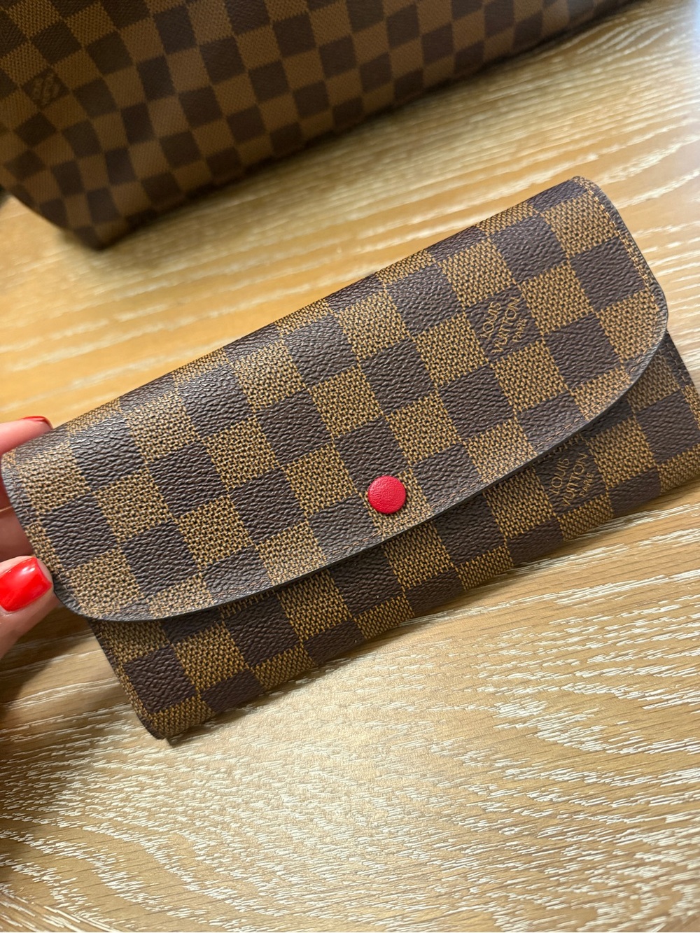 Authentic Louis Vuitton Brown Checkered Women's Wallet with Red Snap